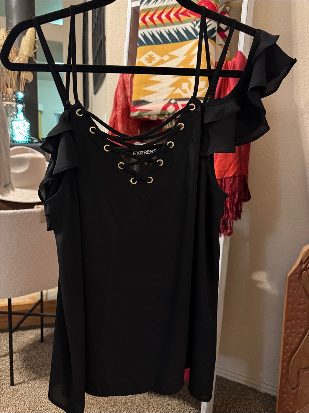 Express Black Lace-Up Ruffle Cold-Shoulder Camisole